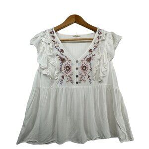 JODIFL Womens Top Sz S White Embroidered Babydoll Flutter Slv Boho Fairy NEW